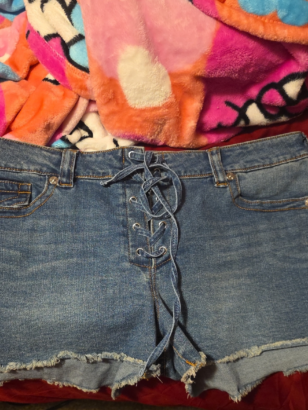 True Religion Blue Lace-Up Boyfriend Jeans Shorts